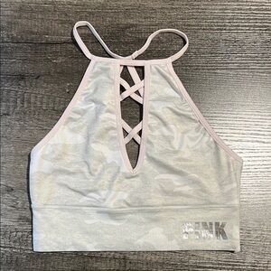 PINK Victoria's Secret Light Gray Camo Crisscross High-Neck Bralette